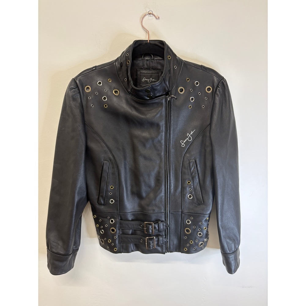 Sean John Black Leather Moto Jacket Grommet Studded Asymmetric Zip Men Large Y2K